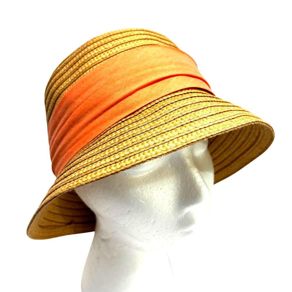 Straw bucket style sunhat with peachy pink fabric hatband cottagecore casual